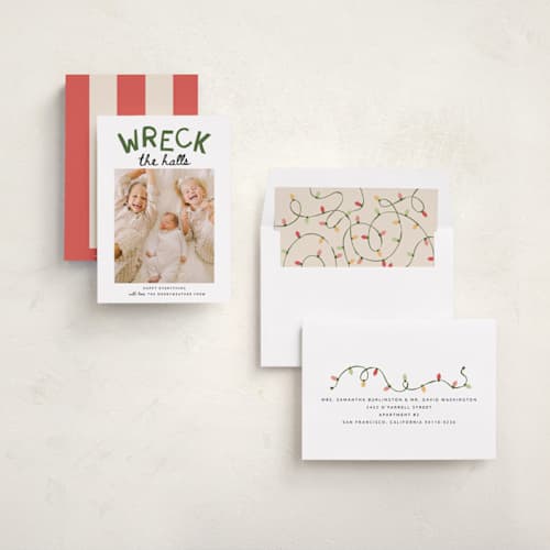 This is a tree farm holiday photo cards with standard by Kamala Nahas called wreck the halls with boughs of jolly printing on recycled smooth signature in standard