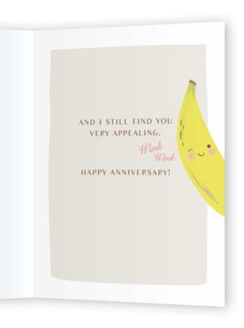 This is a banana anniversary cards with standard by Karidy Walker called not too mushy printing on signature in greeting cards