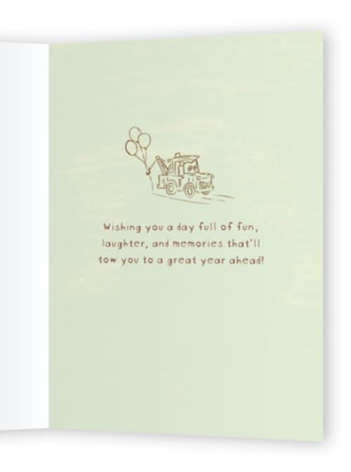 This is a moss dew birthday cards with standard by Vera Lim called disney and pixar's mater totally printing on signature in greeting cards