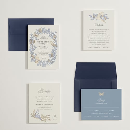 This is a cornflower petite wedding invitations with foil pressed by Grae called meet me in the garden printing on signature in petite