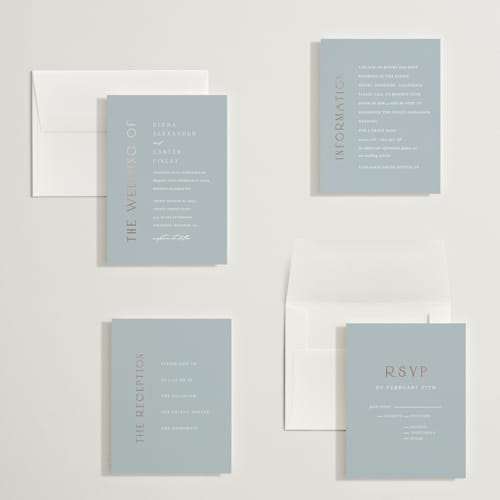 This is a provincial petite wedding invitations with foil pressed by Angela Thompson called gilded edge printing on signature in petite
