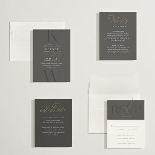 This is a stormy petite wedding invitations with foil pressed by Jessica Williams called over monogram printing on signature in petite
