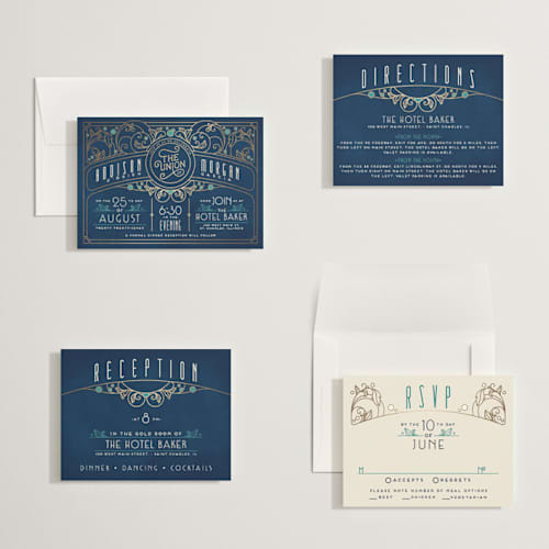 This is a goldenrod petite wedding invitations with foil pressed by GeekInk Design called ornate deco printing on signature in petite