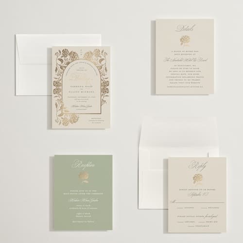 This is a tea time petite wedding invitations with foil pressed by Susan Zinader called shimmering hydrangeas printing on signature in petite