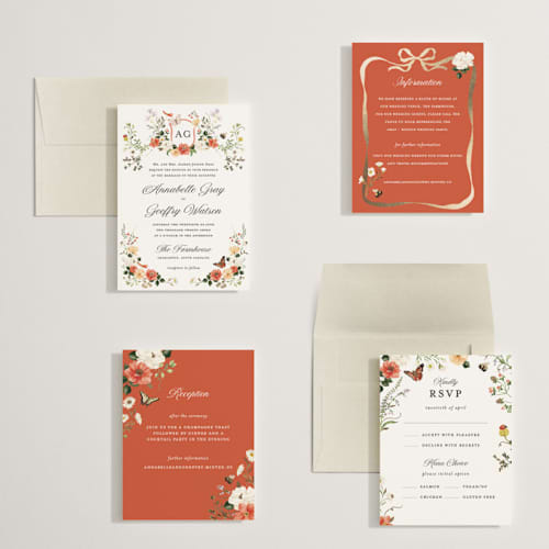 This is a verona sunset petite wedding invitations with foil pressed by Sarah Knight called fleur printing on signature in petite