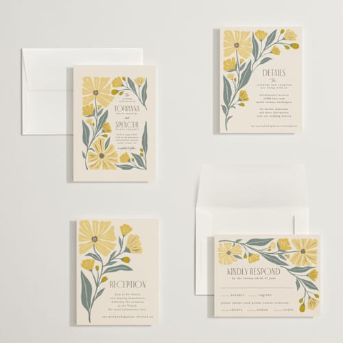 This is a buttercup petite wedding invitations with foil pressed by Karidy Walker called storybook garden printing on signature in petite