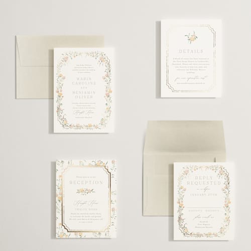 This is a golden summer petite wedding invitations with foil pressed by Erin L. Wilson called victorian trellis printing on signature in petite
