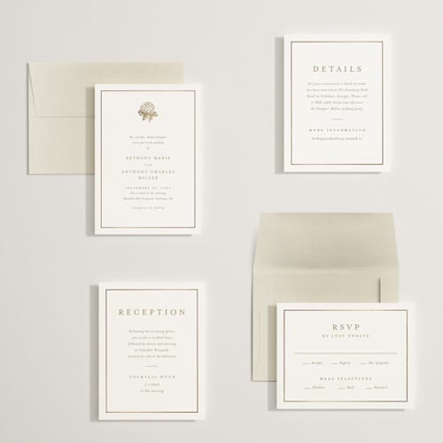 This is a cotton petite wedding invitations with foil pressed by Stacey Meacham called hydrangea bloom printing on signature in petite