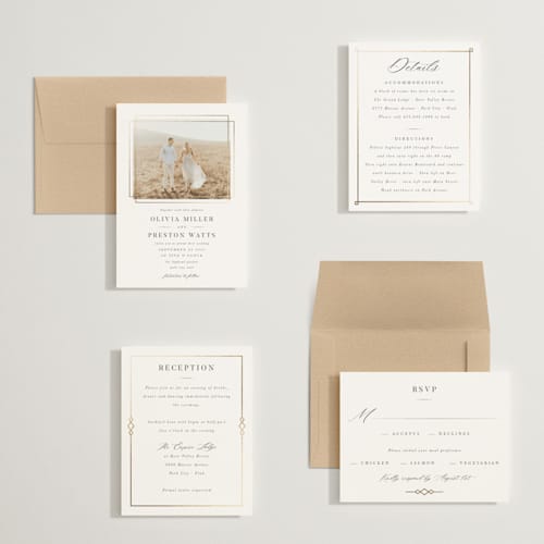 This is a opal petite wedding invitations with foil pressed by Robert and Stella called regent printing on signature in petite