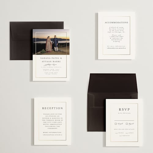 This is a pearl petite wedding invitations with foil pressed by Nicole Walsh called gilded frame printing on signature in petite