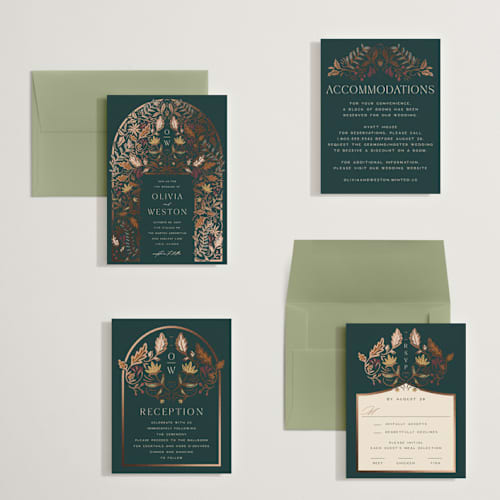 This is a deep sea petite wedding invitations with foil pressed by Erin German called autumnal arch printing on signature in petite