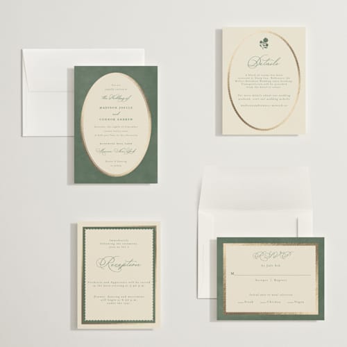 This is a rosemary petite wedding invitations with foil pressed by Emily Betts called vintage oval printing on signature in petite