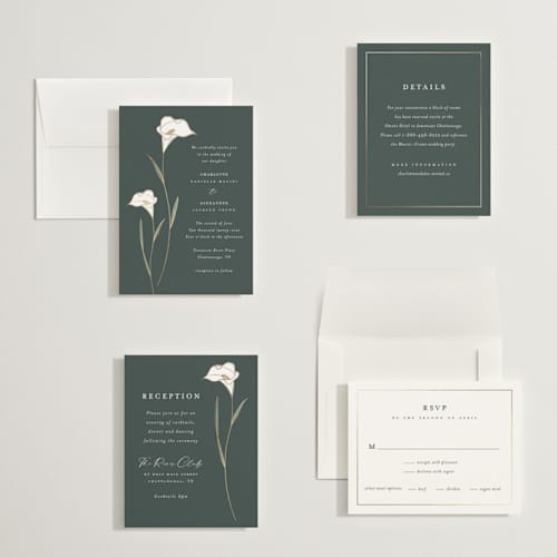 This is a forest petite wedding invitations with foil pressed by Stacey Meacham called elegant lillies printing on signature in petite