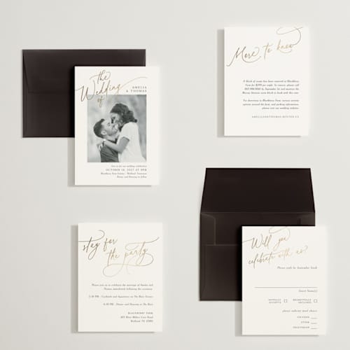 This is a marshmallow petite wedding invitations with foil pressed by Kaydi Bishop called the wedding printing on signature in petite