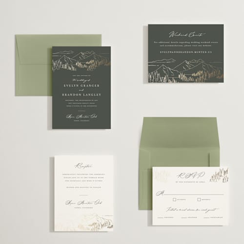 This is a hunter petite wedding invitations with foil pressed by Sarah Brown called peaks printing on signature in petite