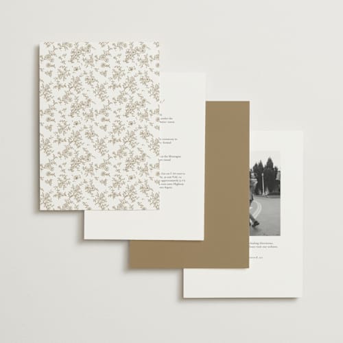 This is a champagne petite wedding invitations with foil pressed by Cass Loh called floral crest printing on signature in petite