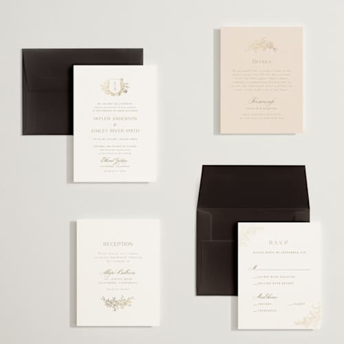 This is a champagne petite wedding invitations with foil pressed by Cass Loh called floral crest printing on signature in petite