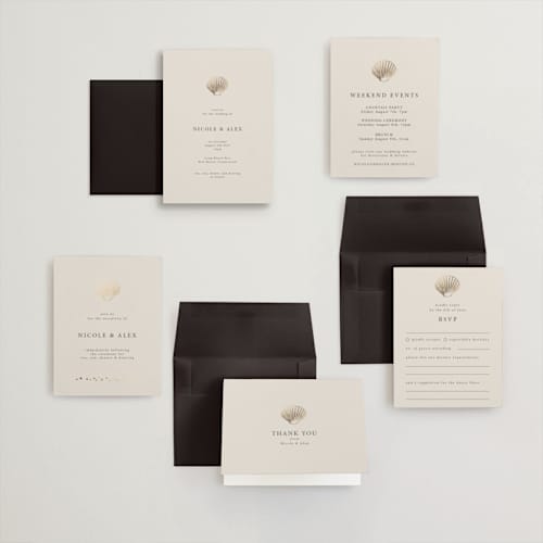 This is a sand petite wedding invitations with foil pressed by Hannah Bowman called simple seashell printing on signature in petite