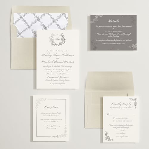 This is a moonlit onyx foil stamped wedding invitations with foil pressed by Cass Loh called boho flower crest printing on signature in standard
