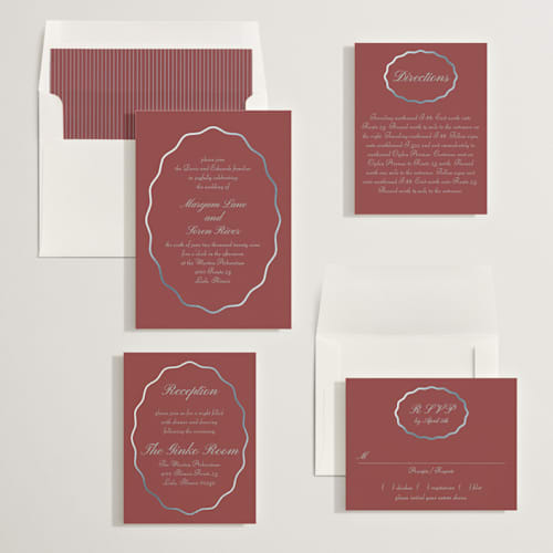 This is a burgundy foil stamped wedding invitations with foil pressed by Baumbirdy called scallop frame printing on signature in standard