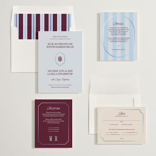 This is a celestial foil stamped wedding invitations with foil pressed by Jenna Holcomb called modern vintage printing on signature in standard
