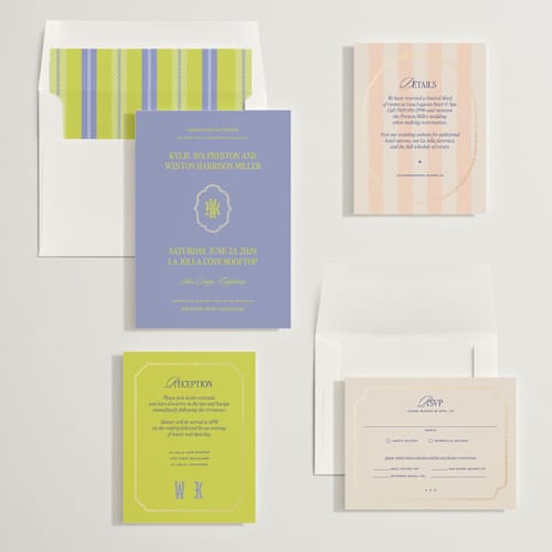 This is a amethyst foil stamped wedding invitations with foil pressed by Jenna Holcomb called modern vintage printing on signature in standard