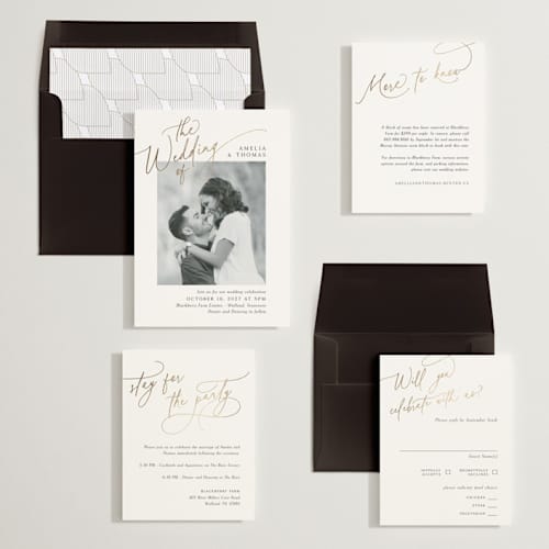 This is a marshmallow foil stamped wedding invitations with foil pressed by Kaydi Bishop called the wedding printing on signature in standard