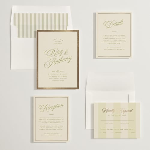 This is a olive foil stamped wedding invitations with foil pressed by Ellen Schlegelmilch called rory printing on signature in standard