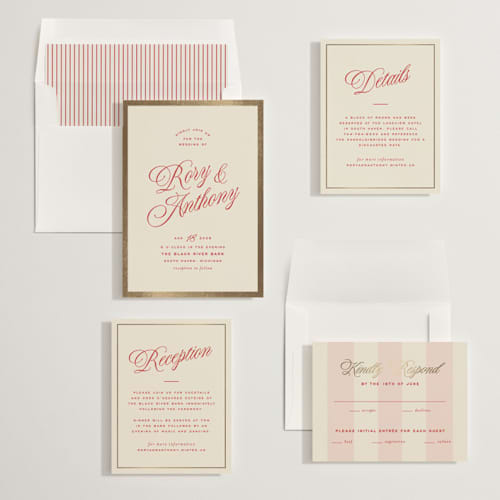 This is a ruby foil stamped wedding invitations with foil pressed by Ellen Schlegelmilch called rory printing on signature in standard