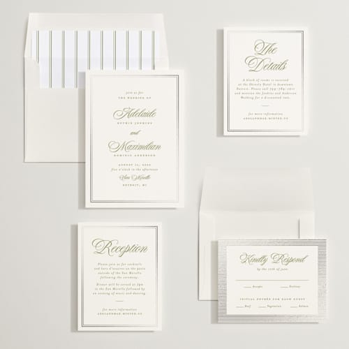 This is a olive foil stamped wedding invitations with foil pressed by Ellen Schlegelmilch called museo printing on signature in standard