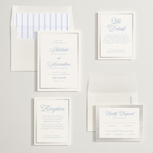 This is a periwinkle foil stamped wedding invitations with foil pressed by Ellen Schlegelmilch called museo printing on signature in standard