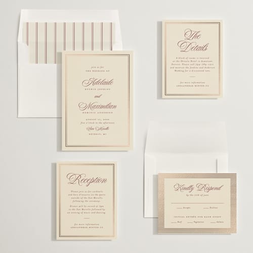 This is a burgundy foil stamped wedding invitations with foil pressed by Ellen Schlegelmilch called museo printing on signature in standard