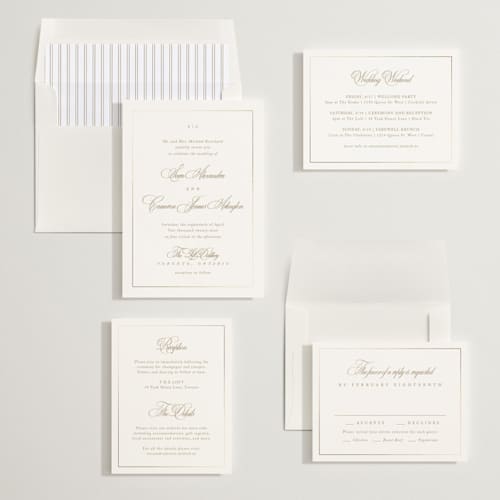This is a golden foil stamped wedding invitations with foil pressed by Kelly Schmidt called greenwood printing on signature in standard