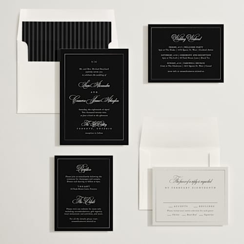 This is a midnight foil stamped wedding invitations with foil pressed by Kelly Schmidt called greenwood printing on signature in standard