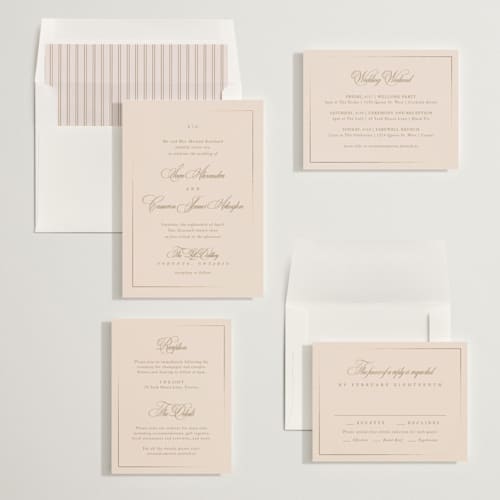 This is a champagne foil stamped wedding invitations with foil pressed by Kelly Schmidt called greenwood printing on signature in standard