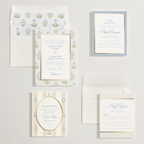 This is a powder foil stamped wedding invitations with foil pressed by Creo Study called patterned florals printing on signature in standard