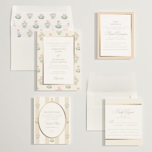 This is a sunset foil stamped wedding invitations with foil pressed by Creo Study called patterned florals printing on signature in standard