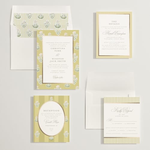 This is a chartruese foil stamped wedding invitations with foil pressed by Creo Study called patterned florals printing on signature in standard