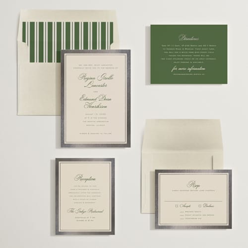 This is a dark moss foil stamped wedding invitations with foil pressed by chocomocacino called krytharaki printing on signature in standard