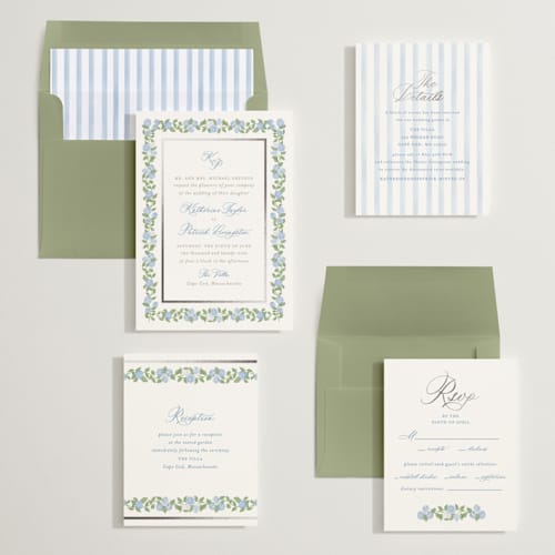 This is a ocean foil stamped wedding invitations with foil pressed by Creo Study called pillowy border printing on signature in standard