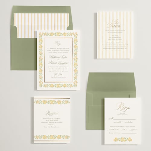 This is a butter foil stamped wedding invitations with foil pressed by Creo Study called pillowy border printing on signature in standard