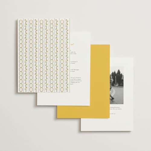 This is a citrus foil stamped wedding invitations with foil pressed by Susan Moyal called embrace printing on signature in standard
