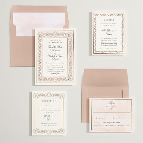 This is a peony foil stamped wedding invitations with foil pressed by Susan Moyal called embrace printing on signature in standard