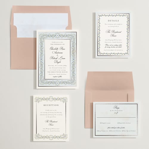 This is a marine foil stamped wedding invitations with foil pressed by Susan Moyal called embrace printing on signature in standard