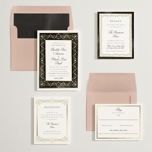 This is a midnight foil stamped wedding invitations with foil pressed by Susan Moyal called embrace printing on signature in standard