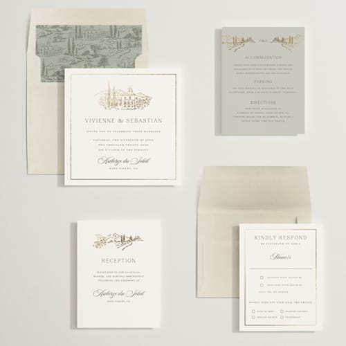 This is a sage foil stamped wedding invitations with foil pressed by Lucrecia Caporale called country elegance printing on signature in standard