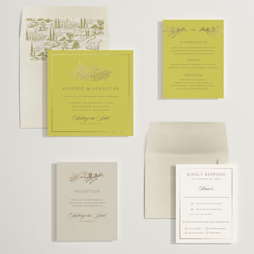This is a lemon foil stamped wedding invitations with foil pressed by Lucrecia Caporale called country elegance printing on signature in standard