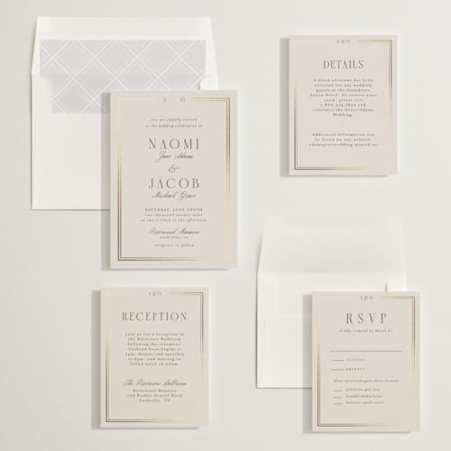 This is a champagne foil stamped wedding invitations with foil pressed by Nicole Walsh called grace printing on signature in standard