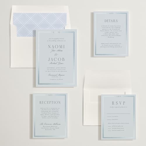 This is a blue mist foil stamped wedding invitations with foil pressed by Nicole Walsh called grace printing on signature in standard