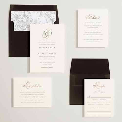 This is a taupe foil stamped wedding invitations with foil pressed by Jennifer Postorino called gilded ampersand printing on signature in standard